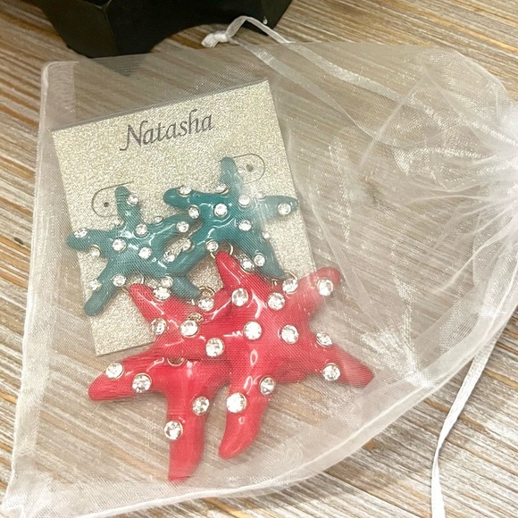 NWT,Natasha, Enamel Rhinestone Starfish Frontal Statement Earrings, GIFT ME! - Picture 1 of 5